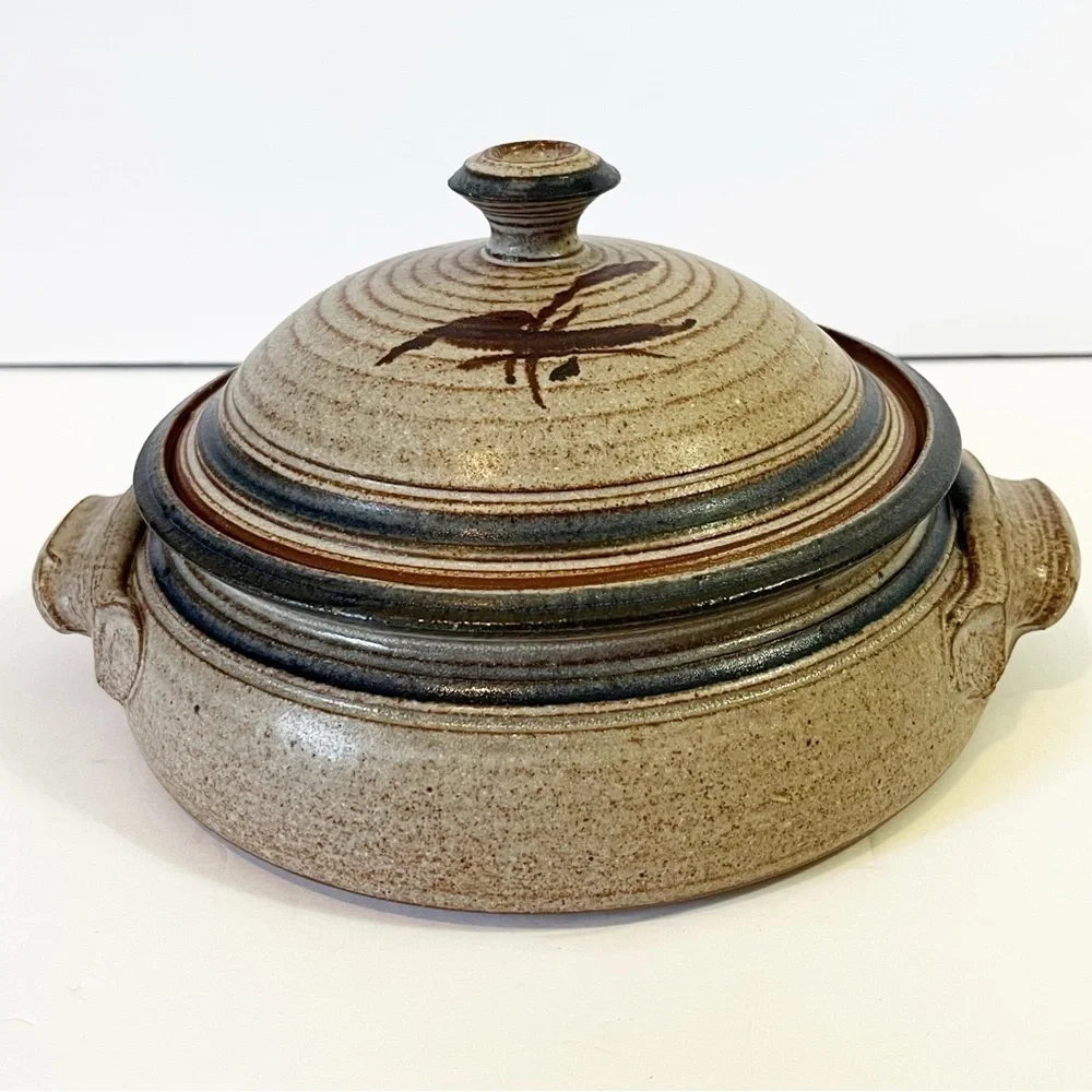 Studio Art Pottery Casserole Dish Lidded Stoneware Handles Handcrafted Signed